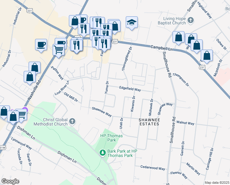 map of restaurants, bars, coffee shops, grocery stores, and more near 836 Yuma Circle in Bowling Green