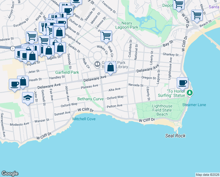 map of restaurants, bars, coffee shops, grocery stores, and more near 160 Alta Avenue in Santa Cruz