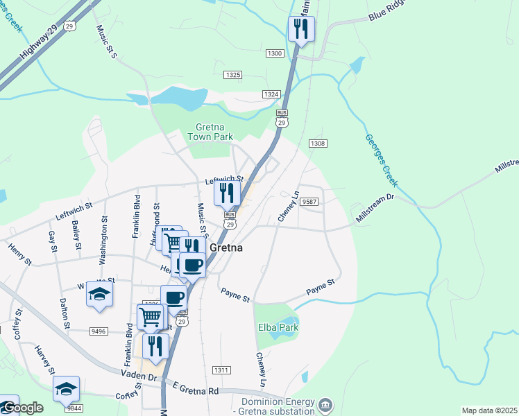map of restaurants, bars, coffee shops, grocery stores, and more near 112 Berger Lane in Gretna