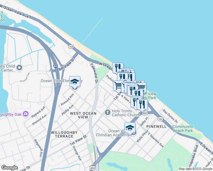 map of restaurants, bars, coffee shops, grocery stores, and more near 251 A View Avenue in Norfolk