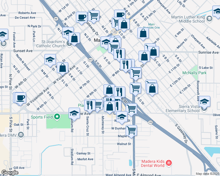 map of restaurants, bars, coffee shops, grocery stores, and more near 421 South I Street in Madera