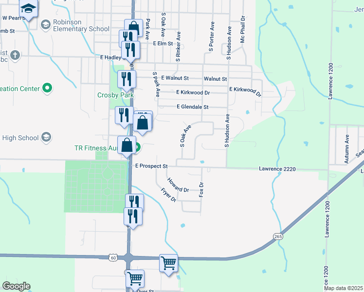 map of restaurants, bars, coffee shops, grocery stores, and more near 1667 Oak Drive in Aurora