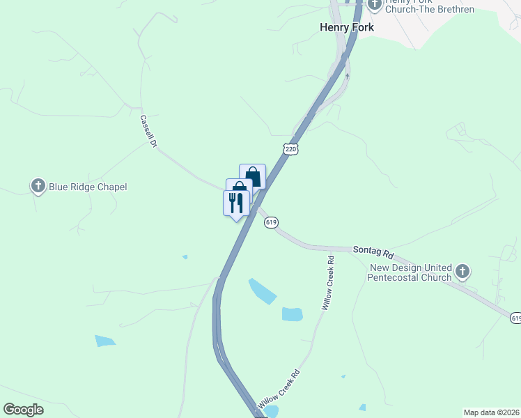map of restaurants, bars, coffee shops, grocery stores, and more near Virgil H Goode Highway in Rocky Mount