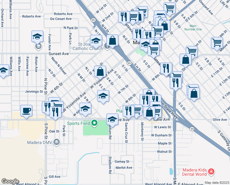 map of restaurants, bars, coffee shops, grocery stores, and more near 609 West 7th Street in Madera