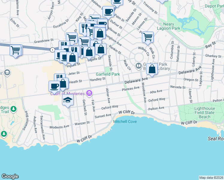 map of restaurants, bars, coffee shops, grocery stores, and more near 331 Plateau Avenue in Santa Cruz