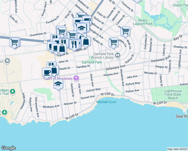 map of restaurants, bars, coffee shops, grocery stores, and more near 406 Plateau Avenue in Santa Cruz