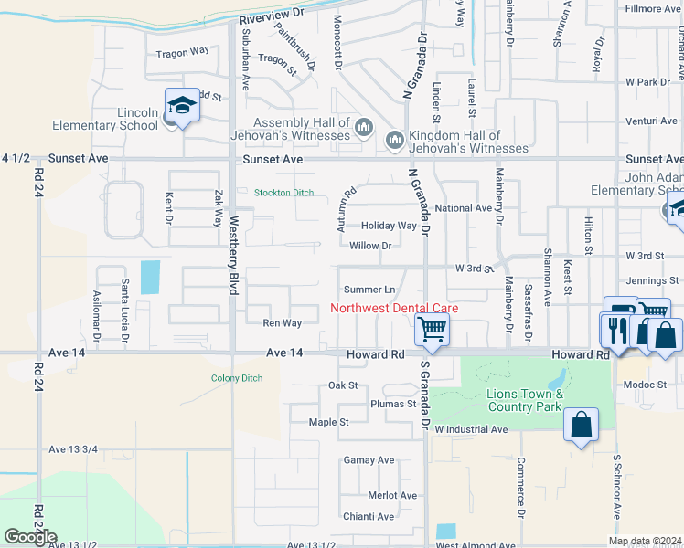 map of restaurants, bars, coffee shops, grocery stores, and more near 2824 Westgate Drive in Madera
