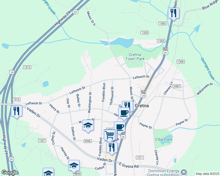 map of restaurants, bars, coffee shops, grocery stores, and more near 215 Huffmond Street in Gretna