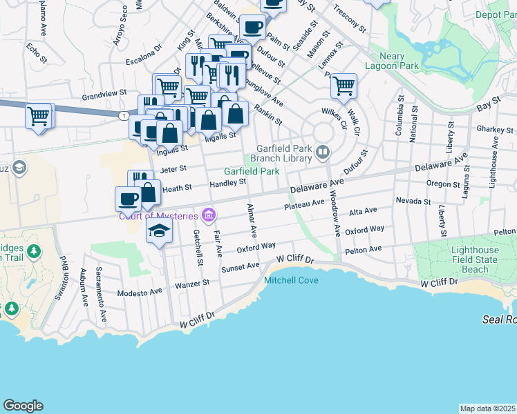 map of restaurants, bars, coffee shops, grocery stores, and more near 406 Plateau Avenue in Santa Cruz