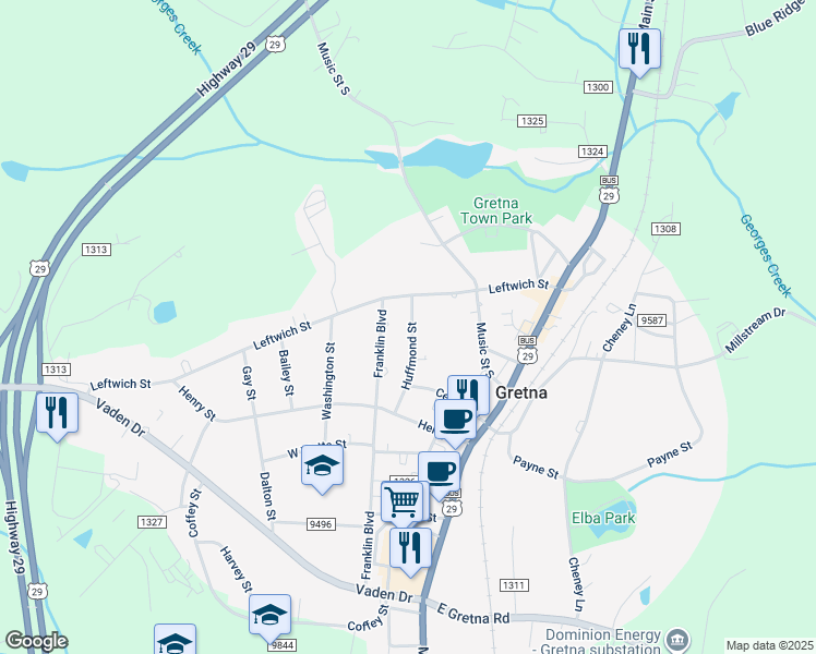 map of restaurants, bars, coffee shops, grocery stores, and more near 215 Huffmond Street in Gretna