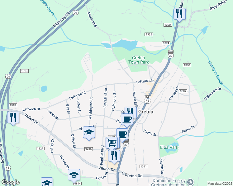 map of restaurants, bars, coffee shops, grocery stores, and more near 210 Huffmond Street in Gretna
