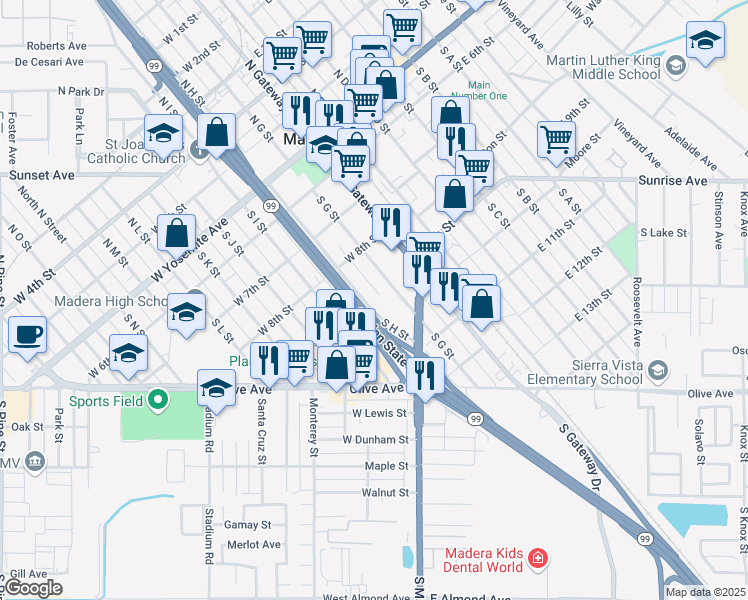 map of restaurants, bars, coffee shops, grocery stores, and more near 503 South H Street in Madera