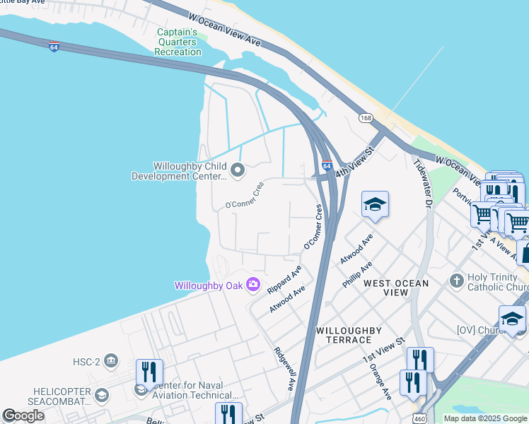 map of restaurants, bars, coffee shops, grocery stores, and more near Court East in Norfolk