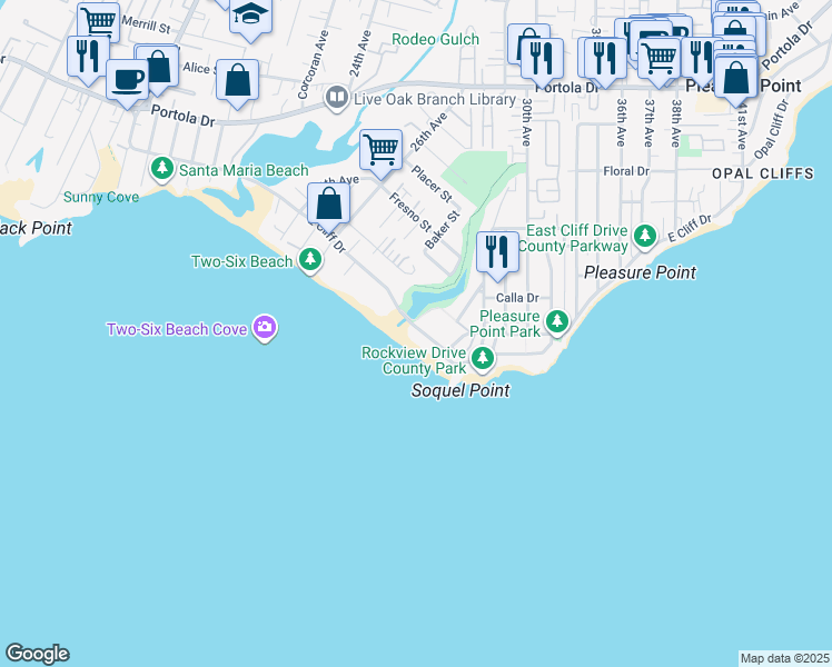map of restaurants, bars, coffee shops, grocery stores, and more near 22800 East Cliff Drive in Santa Cruz