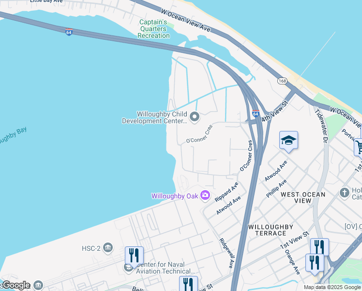 map of restaurants, bars, coffee shops, grocery stores, and more near 8800 O'Conner Crescent in Norfolk