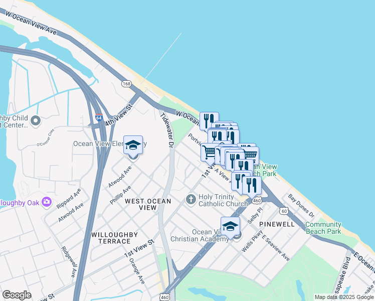 map of restaurants, bars, coffee shops, grocery stores, and more near 255 A View Avenue in Norfolk