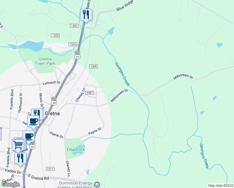map of restaurants, bars, coffee shops, grocery stores, and more near 621 Millstream Drive in Gretna