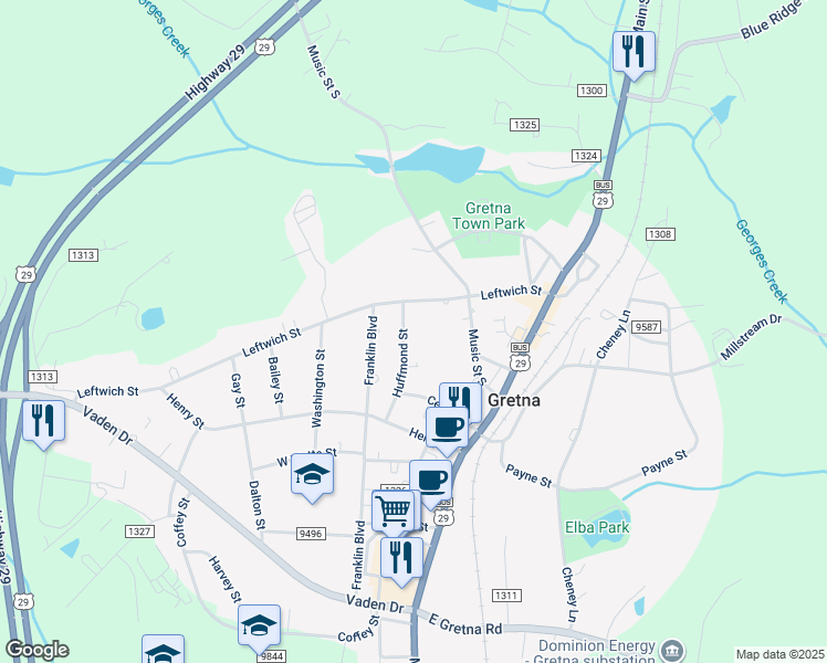 map of restaurants, bars, coffee shops, grocery stores, and more near 210 Huffmond Street in Gretna