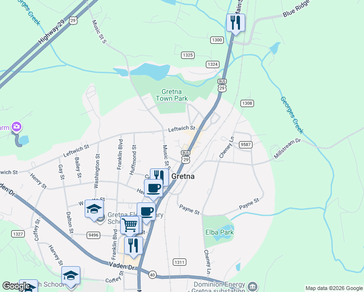 map of restaurants, bars, coffee shops, grocery stores, and more near 405 North Main Street in Gretna