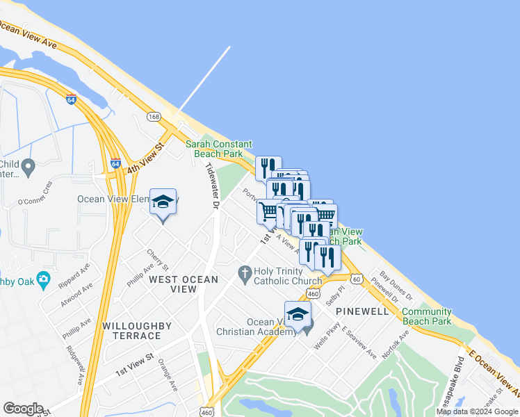 map of restaurants, bars, coffee shops, grocery stores, and more near 233 Portview Avenue in Norfolk