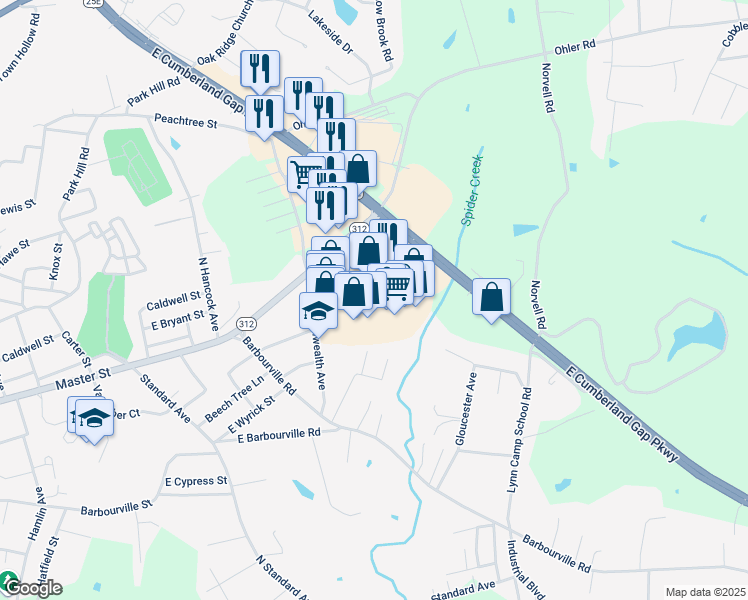 map of restaurants, bars, coffee shops, grocery stores, and more near 14659 U.S. 25 in Corbin