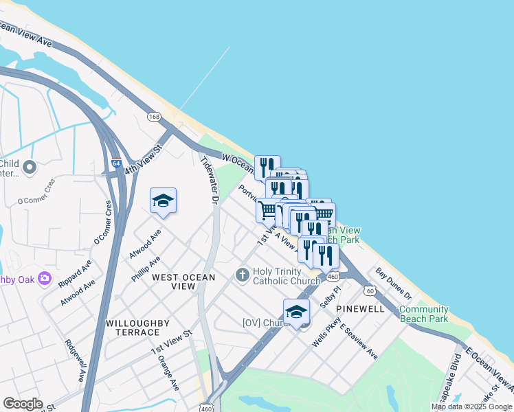 map of restaurants, bars, coffee shops, grocery stores, and more near 235 Portview Avenue in Norfolk