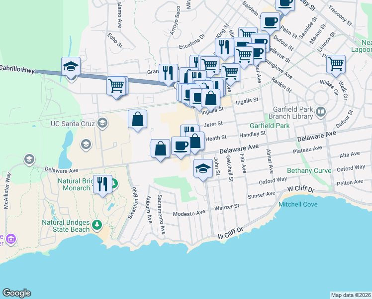 map of restaurants, bars, coffee shops, grocery stores, and more near 100 Avenue Tea in Santa Cruz