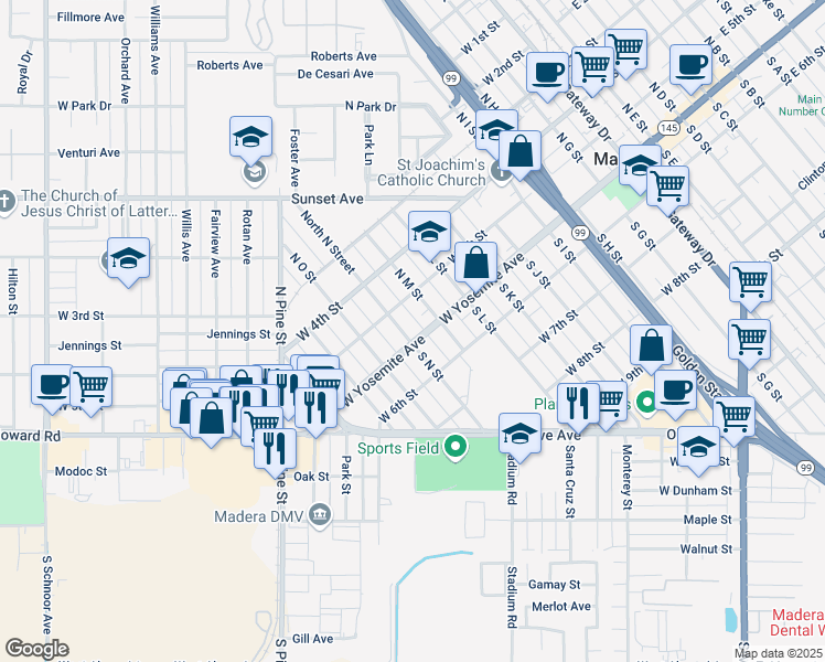 map of restaurants, bars, coffee shops, grocery stores, and more near 900 West Yosemite Avenue in Madera