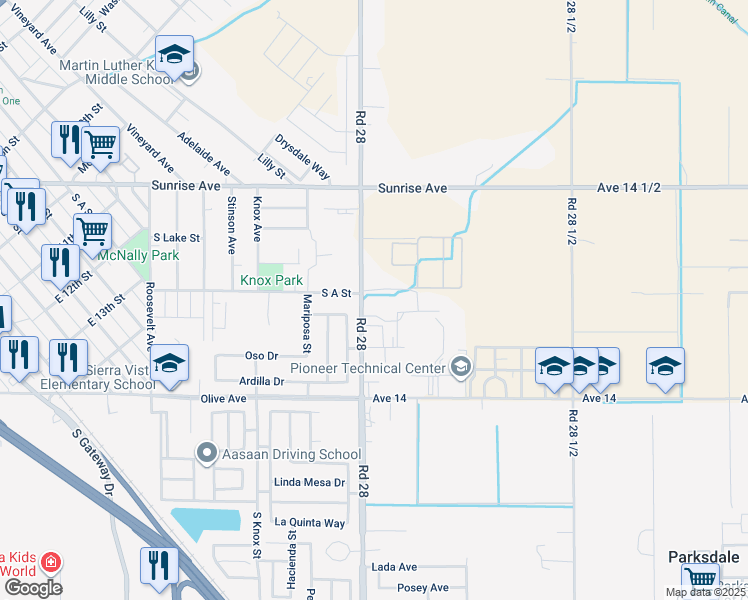 map of restaurants, bars, coffee shops, grocery stores, and more near 14293 Road 28 in Madera