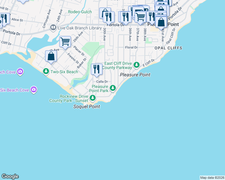 map of restaurants, bars, coffee shops, grocery stores, and more near 3051 Pleasure Point Drive in Santa Cruz