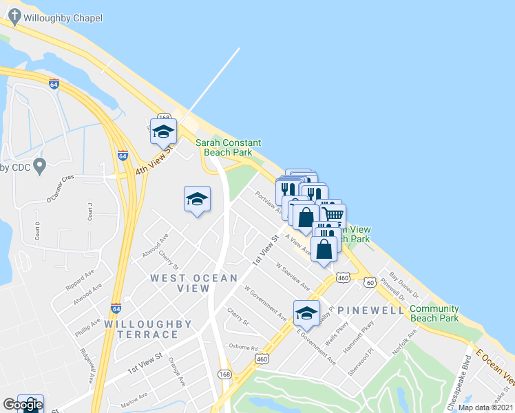 map of restaurants, bars, coffee shops, grocery stores, and more near 252 West Balview Avenue in Norfolk