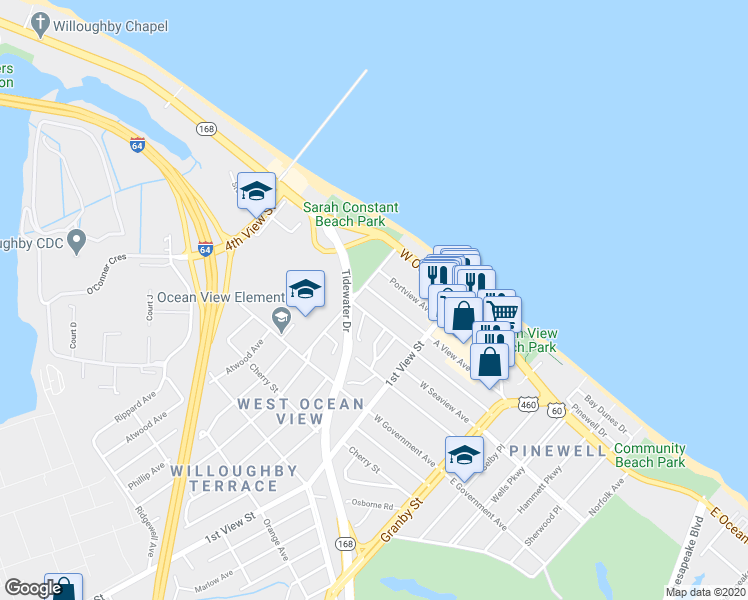map of restaurants, bars, coffee shops, grocery stores, and more near 252 West Balview Avenue in Norfolk