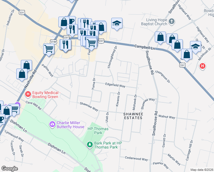 map of restaurants, bars, coffee shops, grocery stores, and more near 837 Edgefield Way in Bowling Green