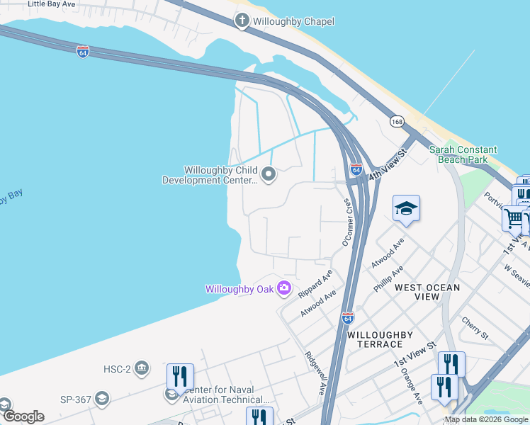 map of restaurants, bars, coffee shops, grocery stores, and more near Court D in Norfolk