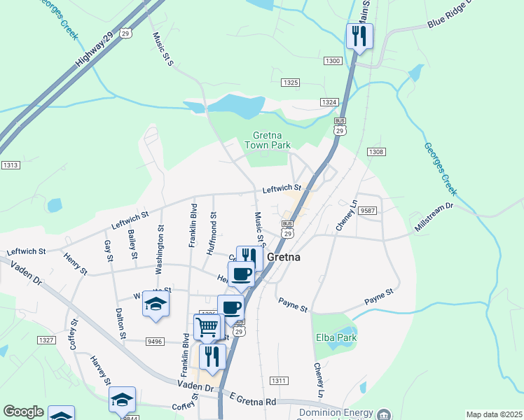 map of restaurants, bars, coffee shops, grocery stores, and more near 208 Music Street South in Gretna