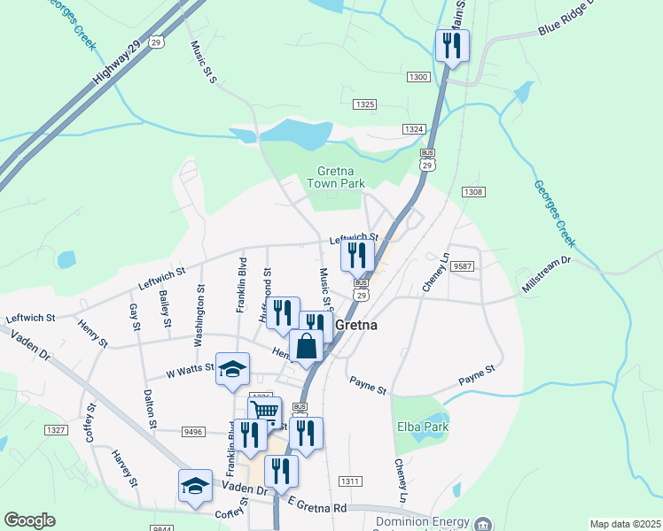 map of restaurants, bars, coffee shops, grocery stores, and more near 208 Music Street South in Gretna