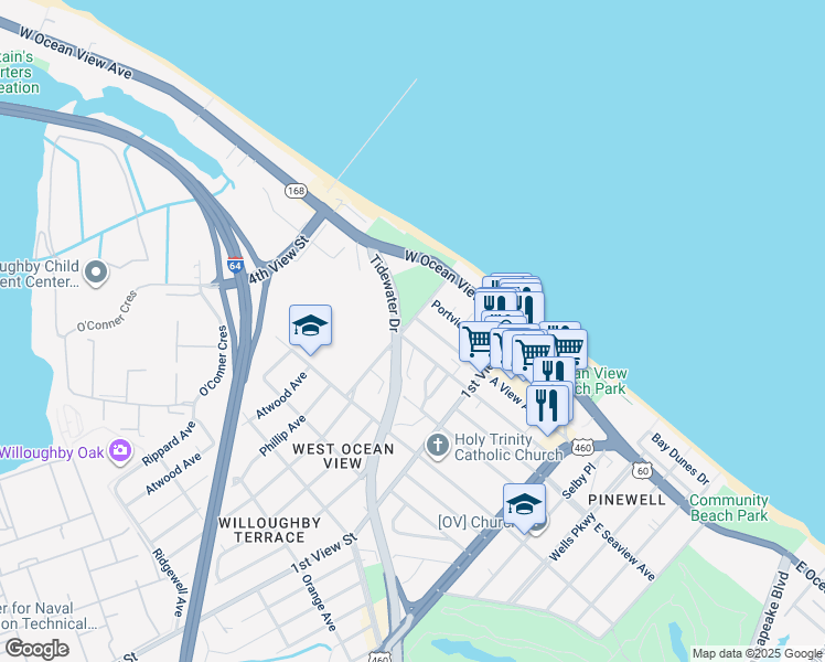 map of restaurants, bars, coffee shops, grocery stores, and more near 9608 Mason Creek Road in Norfolk