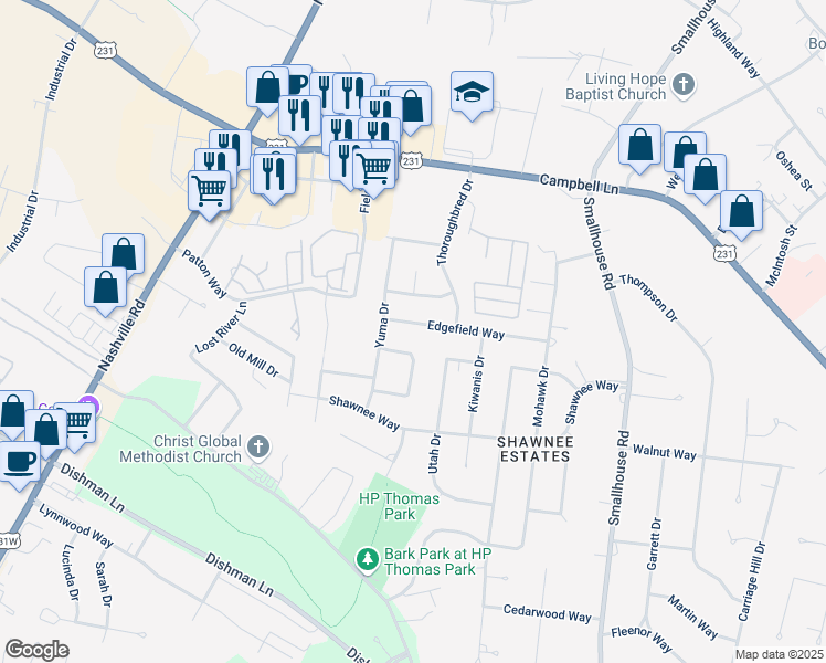 map of restaurants, bars, coffee shops, grocery stores, and more near 836 Yuma Circle in Bowling Green