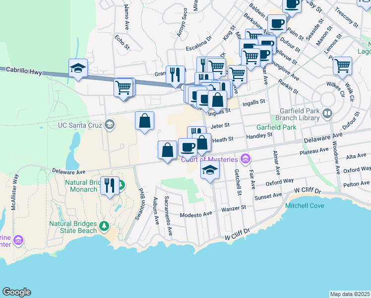 map of restaurants, bars, coffee shops, grocery stores, and more near 100 Avenue Tea in Santa Cruz