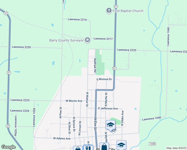 map of restaurants, bars, coffee shops, grocery stores, and more near 200-202 East Monroe Street in Pierce City
