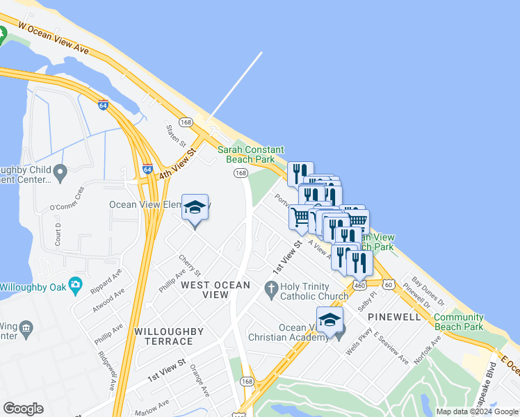 map of restaurants, bars, coffee shops, grocery stores, and more near 9612 Mason Creek Road in Norfolk