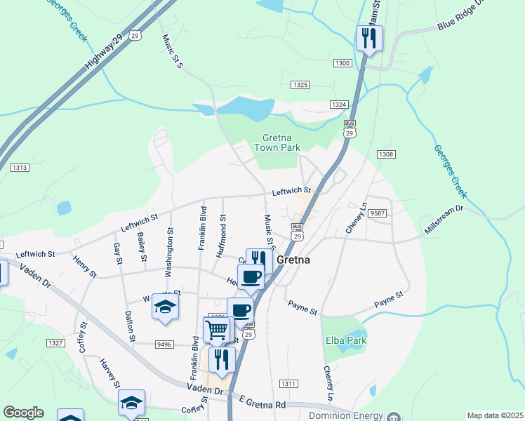 map of restaurants, bars, coffee shops, grocery stores, and more near 205 Music Street South in Gretna