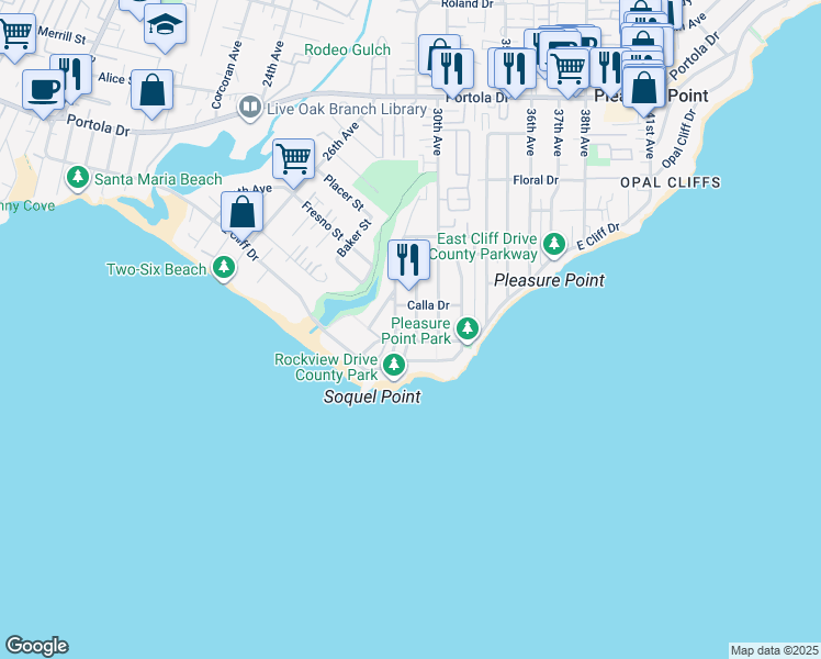 map of restaurants, bars, coffee shops, grocery stores, and more near 121 Anchorage Avenue in Santa Cruz