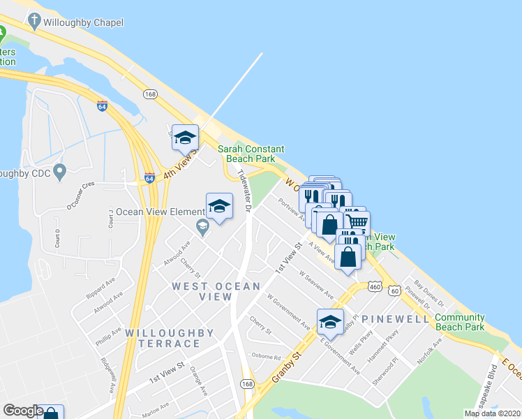 map of restaurants, bars, coffee shops, grocery stores, and more near 9614 Mason Creek Road in Norfolk