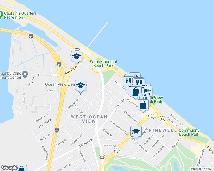 map of restaurants, bars, coffee shops, grocery stores, and more near 9612 Mason Creek Road in Norfolk