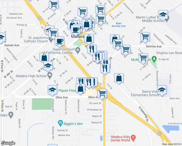 map of restaurants, bars, coffee shops, grocery stores, and more near 503 South H Street in Madera