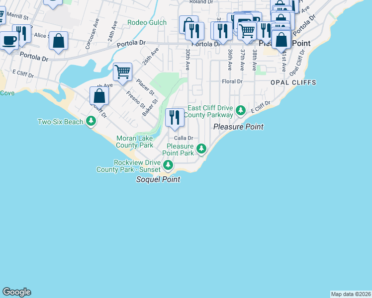 map of restaurants, bars, coffee shops, grocery stores, and more near 2935 Pleasure Point Drive in Santa Cruz
