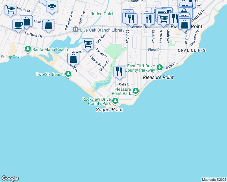 map of restaurants, bars, coffee shops, grocery stores, and more near 2881 Chesterfield Drive in Santa Cruz