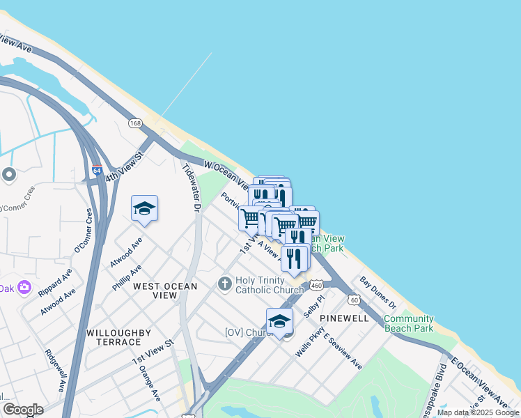 map of restaurants, bars, coffee shops, grocery stores, and more near 9647 1st View Street in Norfolk