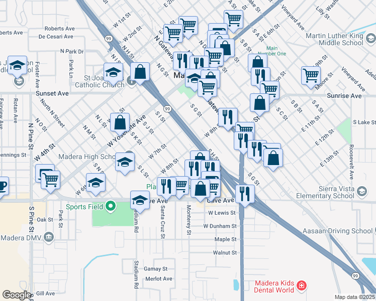 map of restaurants, bars, coffee shops, grocery stores, and more near 399 South I Street in Madera